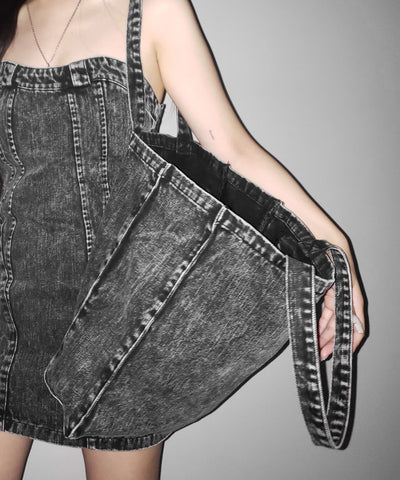 ヴィンテージケミカルブリーチビッグスクエアデニムトートバッグ / vintage chemical bleach big square denim tote bag