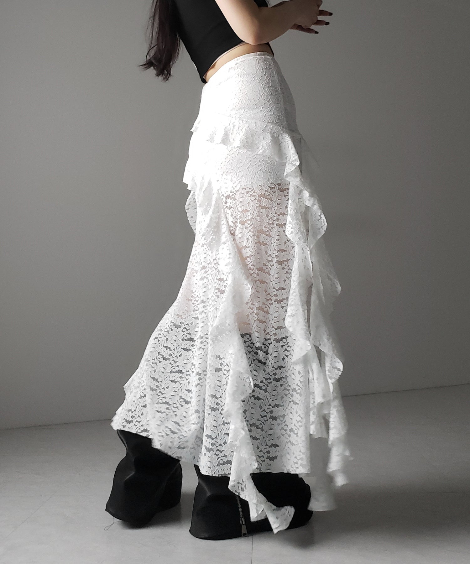 【 裏地付 】アシンメトリーフリルレーススリットロングスカート / asymmetry frill lace slit long skirt