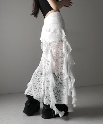 【 裏地付 】アシンメトリーフリルレーススリットロングスカート / asymmetry frill lace slit long skirt