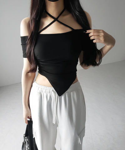 クロスネックアシメギャザーオフショルTシャツ / cross neck asymmetry gather off shoulder T-shirt