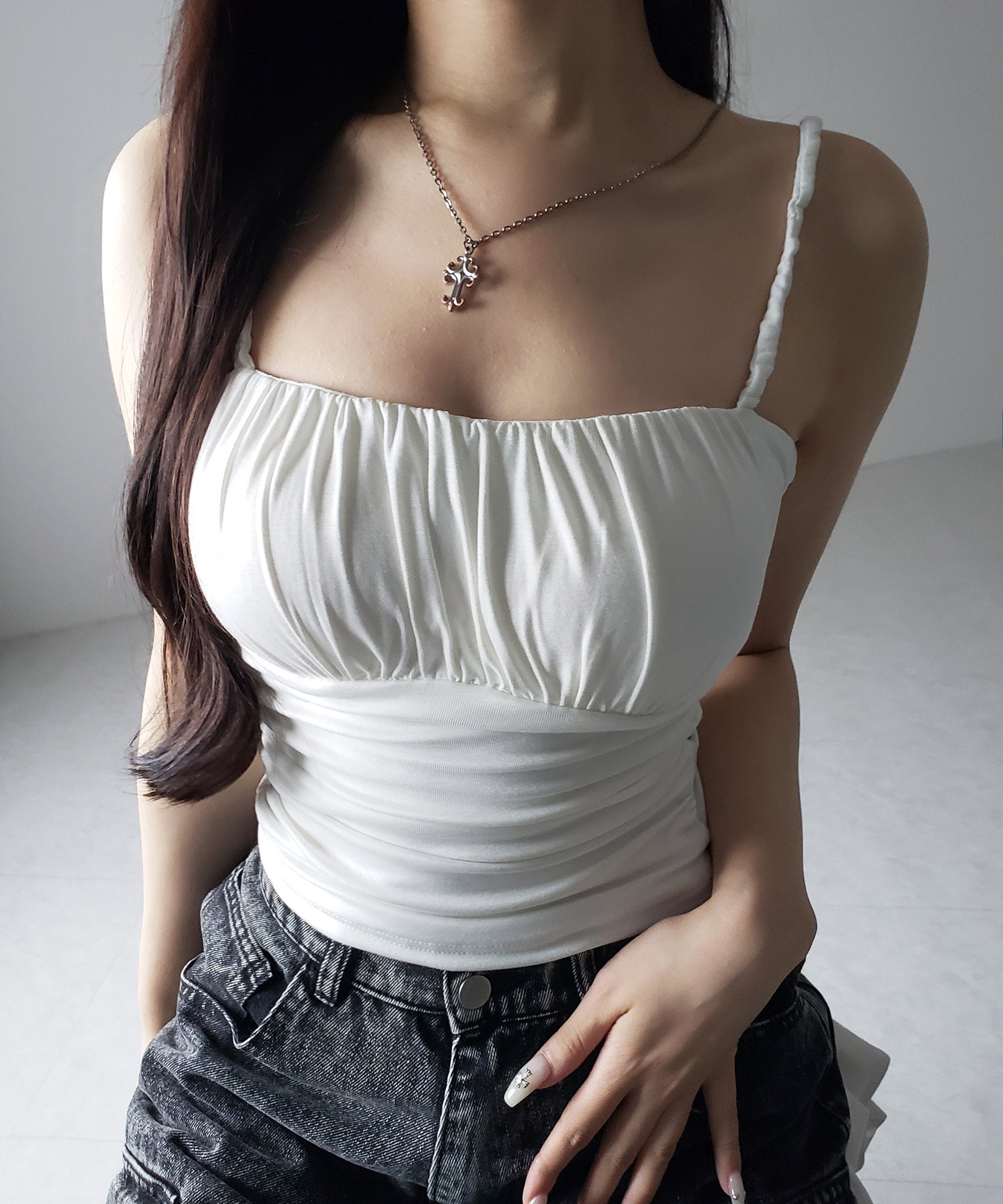 【 3color / カップ付き 】シャーリングギャザードレープキャミソール /shirring gather drape camisole