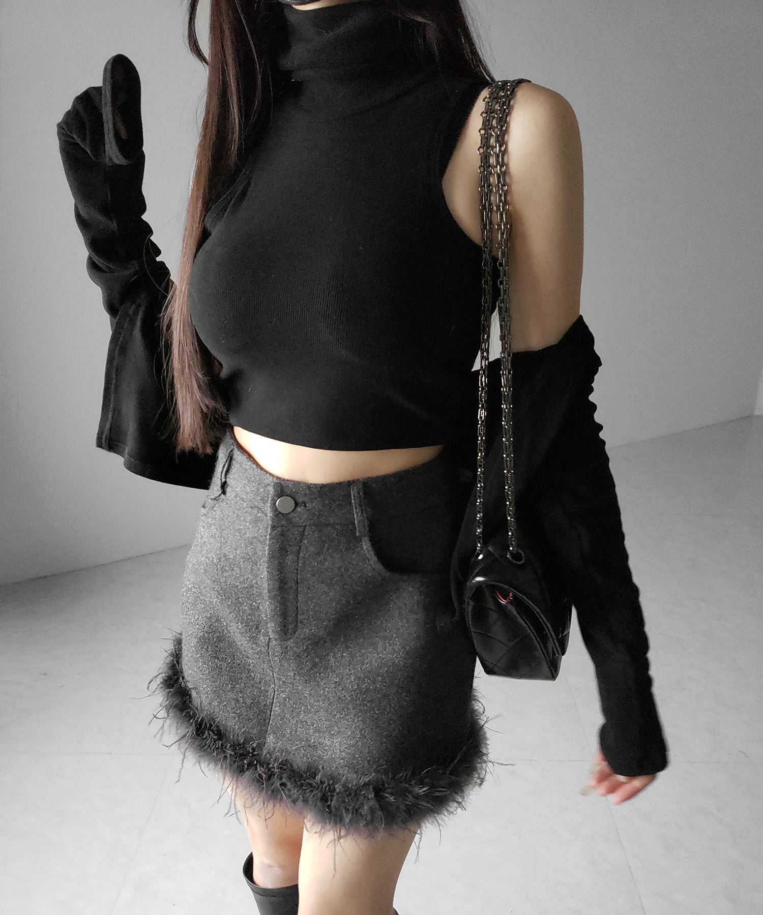 【 インナーパンツ裏地付 】ファードッキングウールライクレディミニスカート / fur docking woollike lady mini skirt