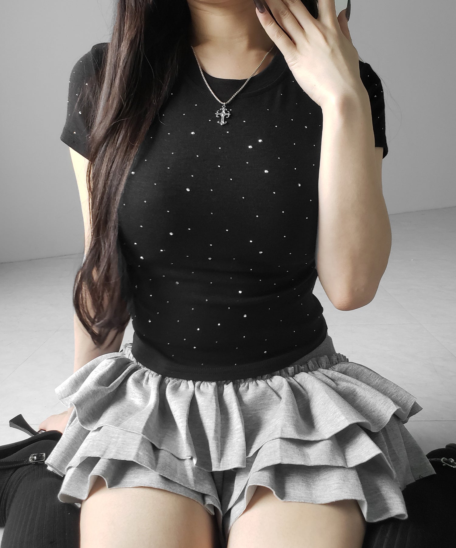 ラインストーン半袖タイトTシャツ / Rhinestone short sleeve tight T-shirt