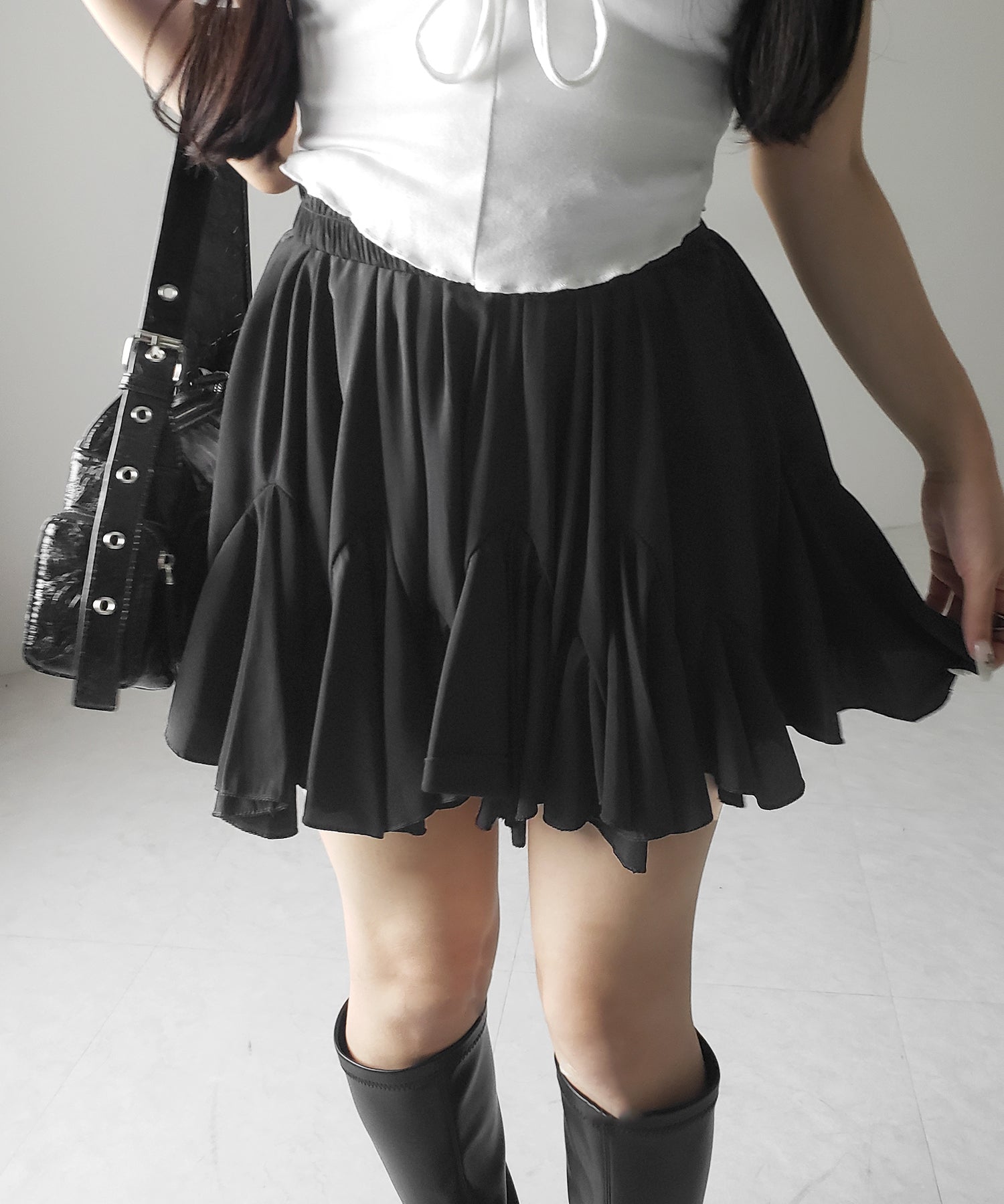 【 2color /インパン裏地付き 】ハイウエストドレープフレアミニスカート / high waist draped flare mini skirt