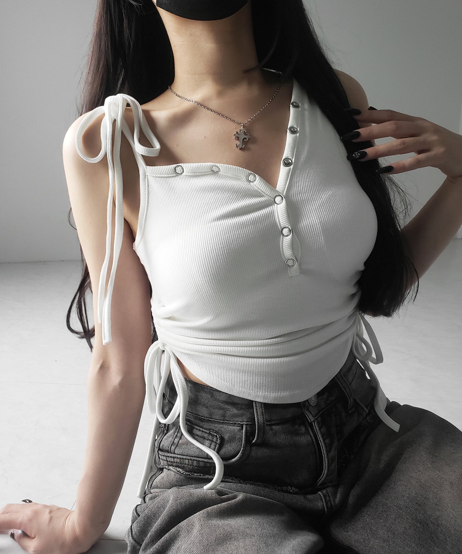 ショルダーリボンシャーリングキャミタンクトップ/ shoulder ribbon shirring cami tank top