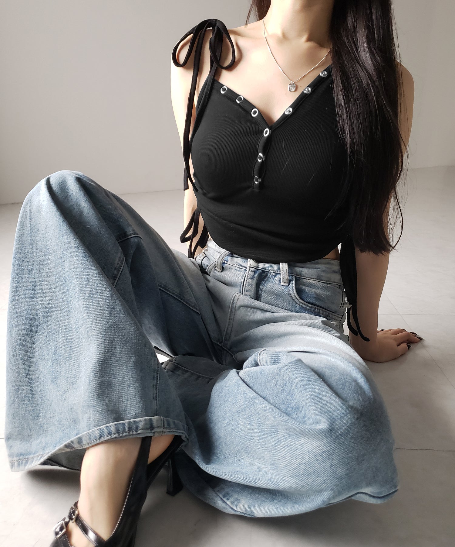 ショルダーリボンシャーリングキャミタンクトップ/ shoulder ribbon shirring cami tank top