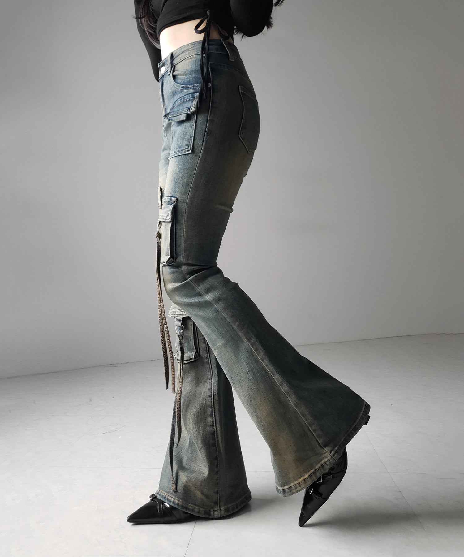 【 2color / 4size 】ベルテッドアウトポケットヴィンテージフレアデニム / belted out pocket vintage flare denim