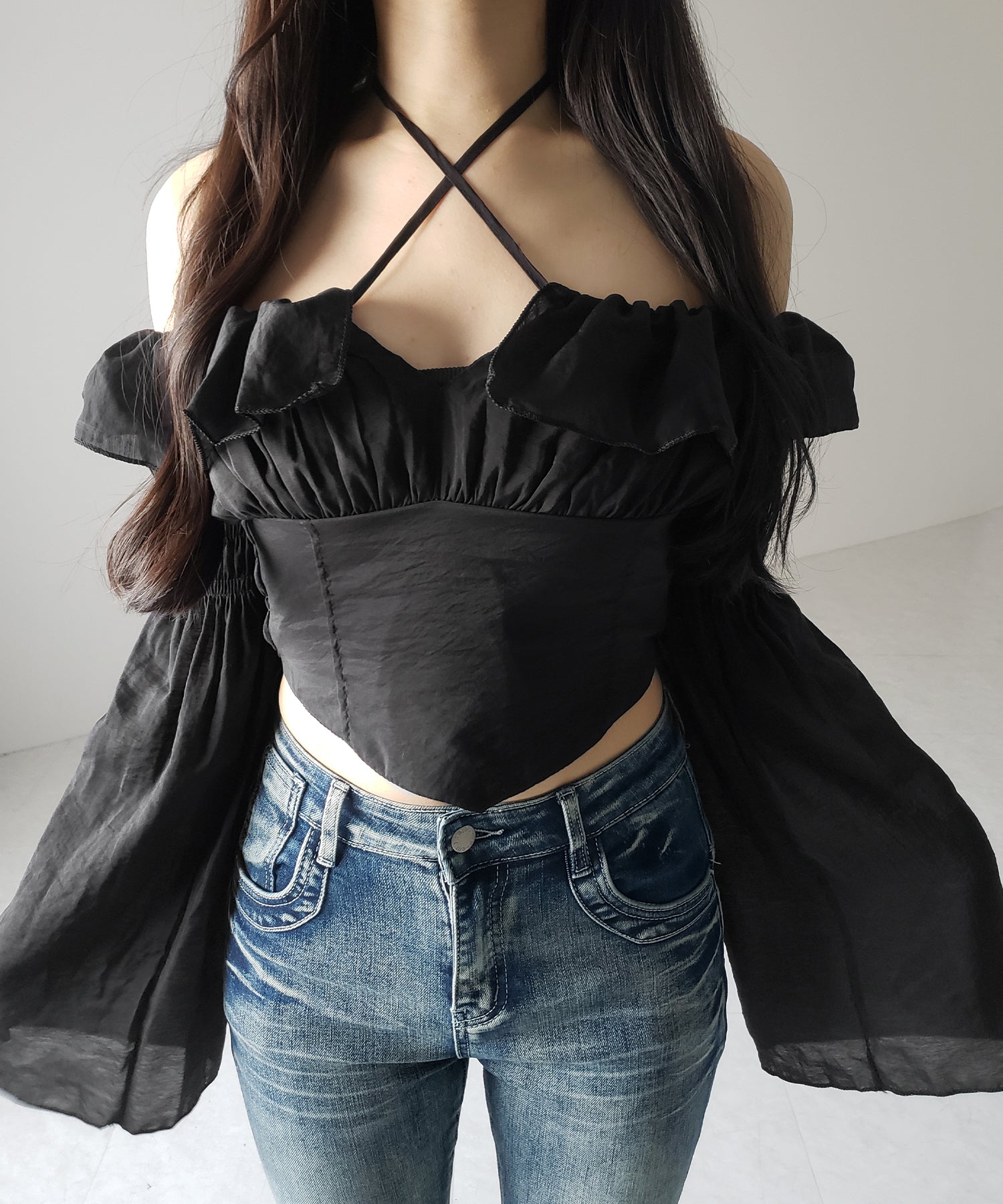【3WAY 】チョーカーリボンフレアスリーブオフショルブラウス / choker ribbon flare sleeve off-shoulder blouse