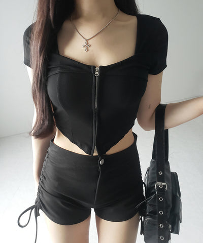 ダブルジップコルセットスクエアネックTシャツ / double zip corset square neck T-Shirt