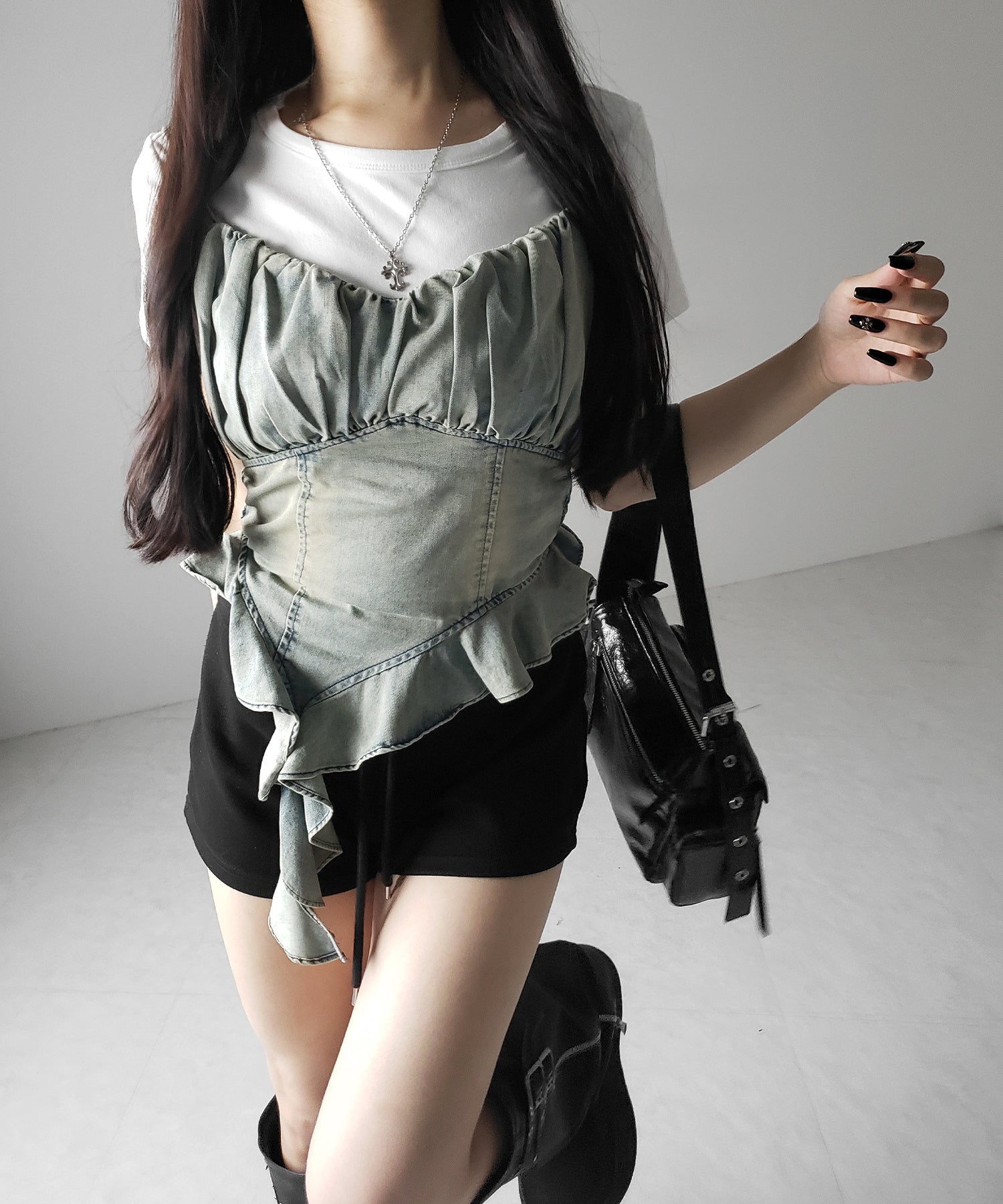 【 2点セット 】ヴィンテージデニムビスチェ & 半袖レイヤードTシャツセット / vintage denim bustier & short sleeve layered T-shirts set