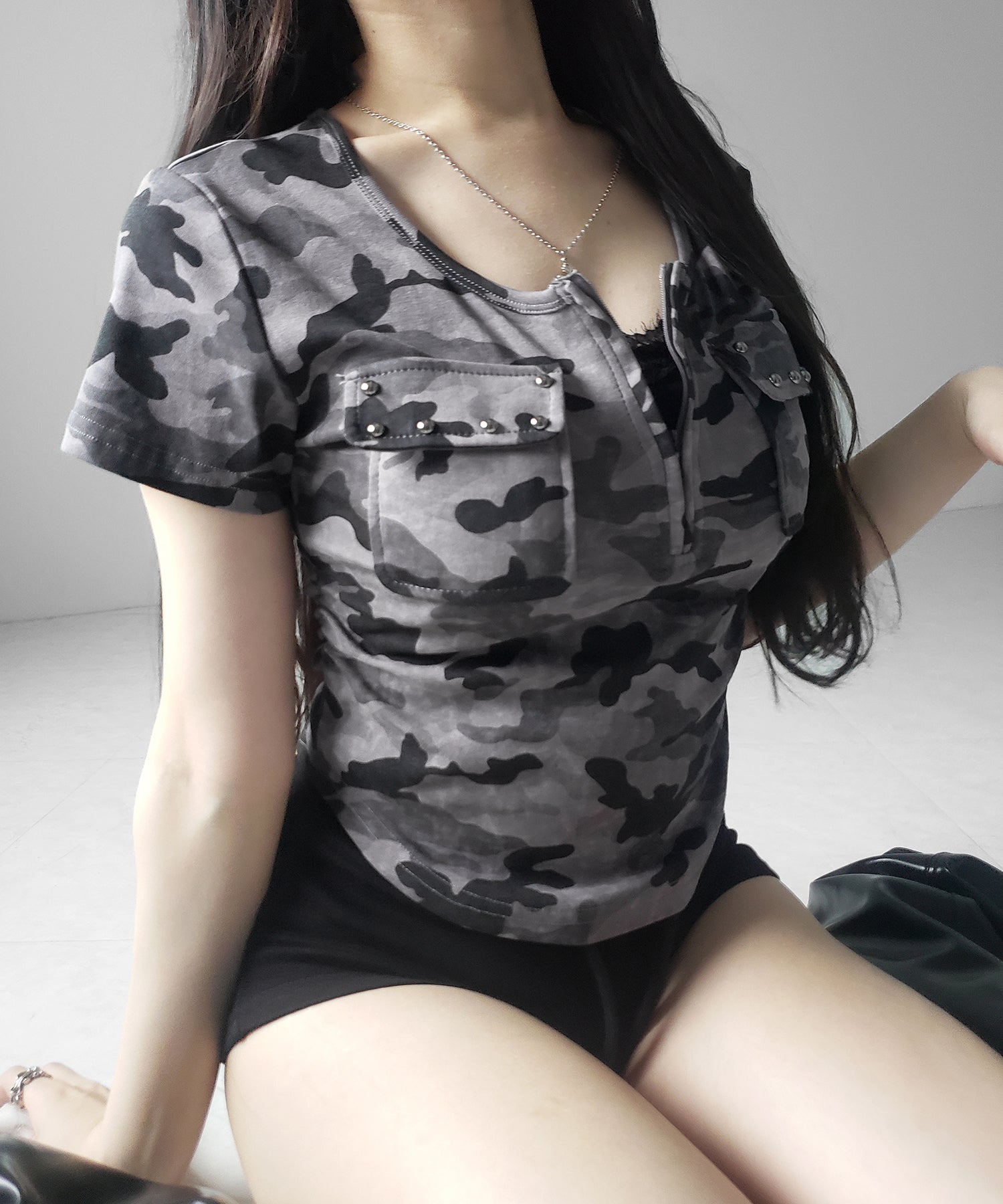 ヴィンテージカモフラアウトポケットジップ半袖Tシャツ / vintage camouflage out pocket zip short sleeve T-shirt