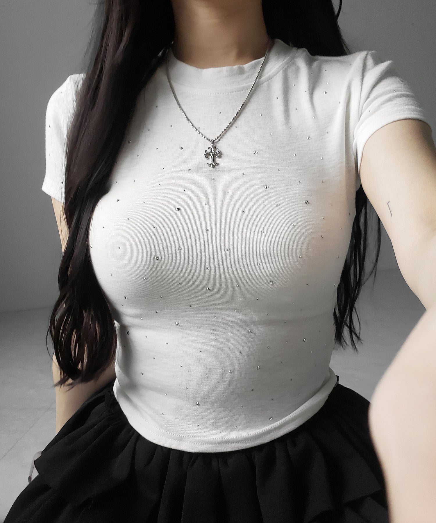 ラインストーン半袖タイトTシャツ / Rhinestone short sleeve tight T-shirt