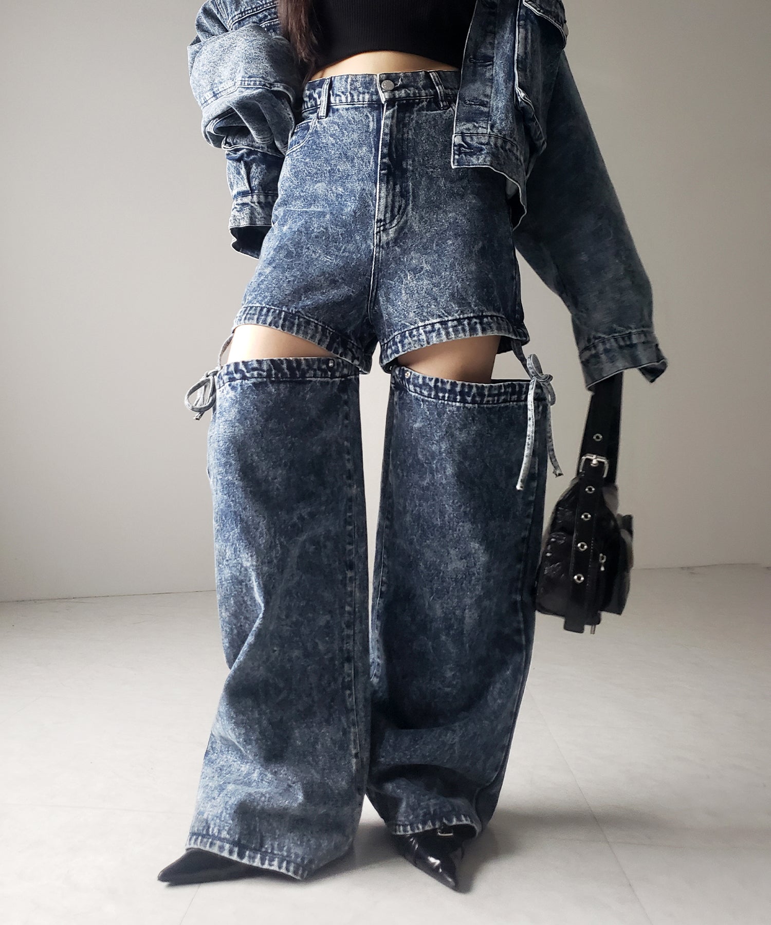 【 セットアップ着用可能 】2WAYヴィンテージケミカルブリーチカットアウトリボンデニム / 2WAY vintage chemical bleach cutout ribbon denim