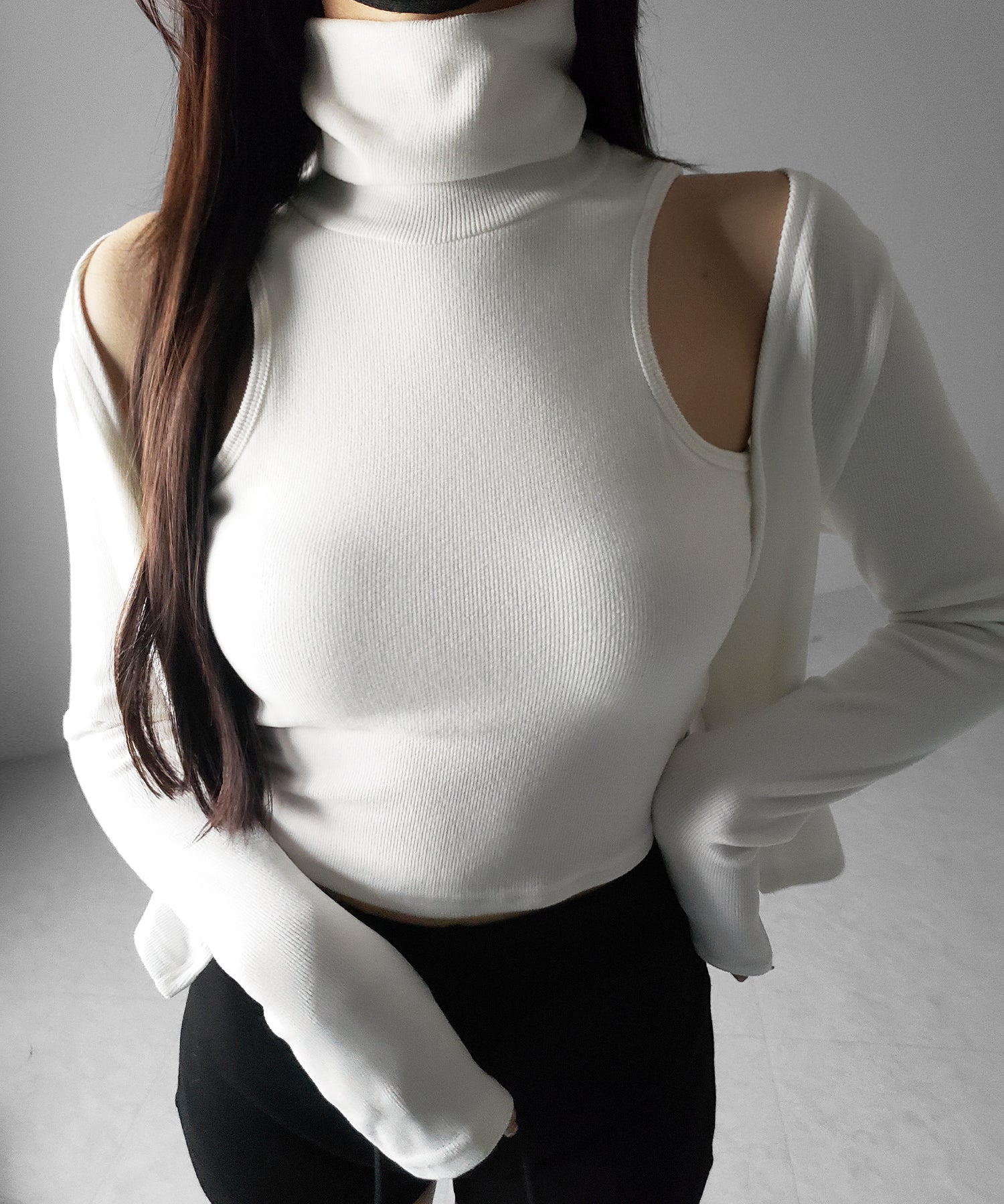 【 裏微起毛 / 2点セット 】ハイネックノースリーブトップス + ショートカーディガン SET / high neck nosleeve tops + short cardigan SET