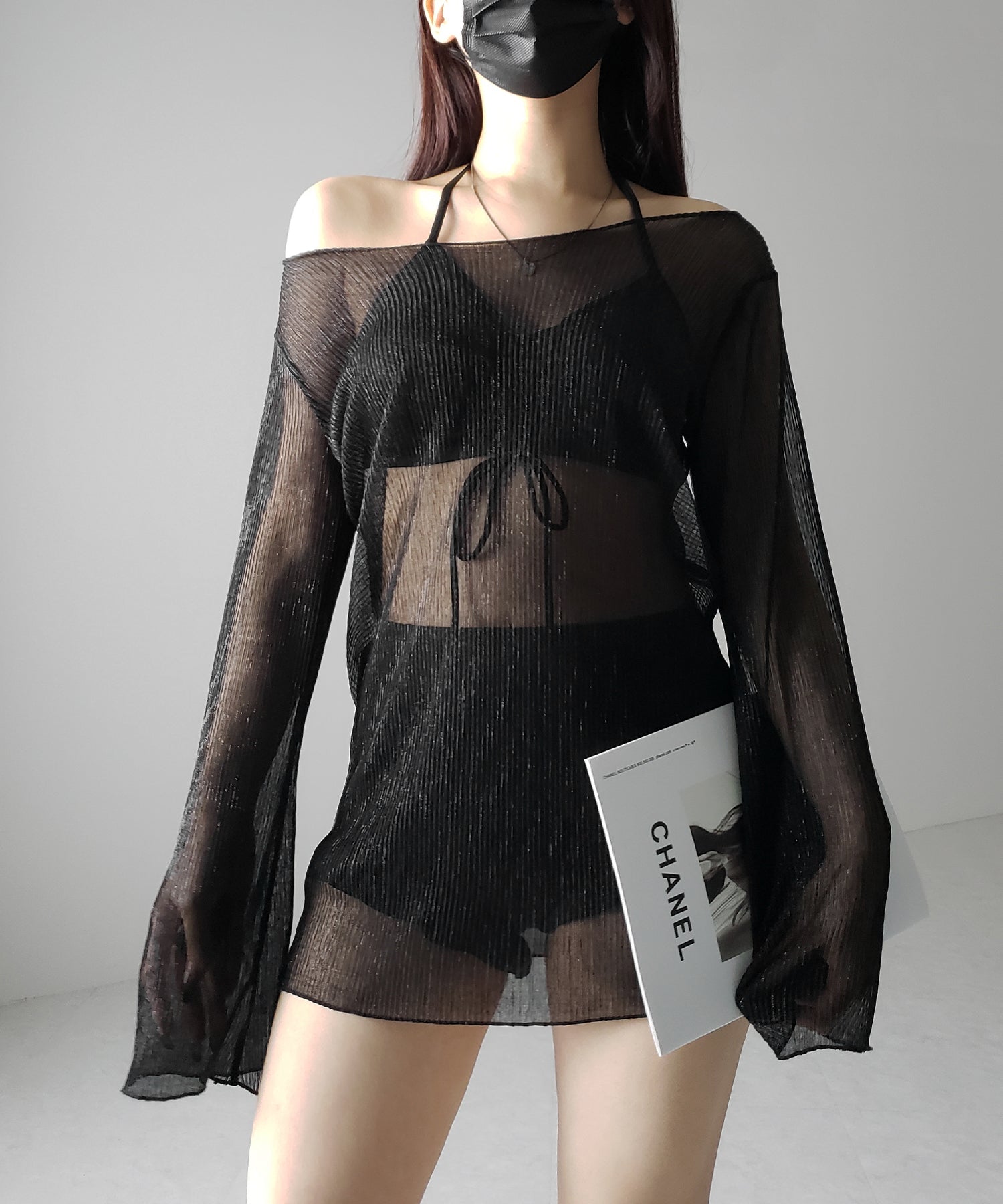 【 レディース水着/3点セット 】シアートップス付き フロントリボンホルターネックハイウエストビキニ / sheer tops set front ribbon halter neck high waist bikini