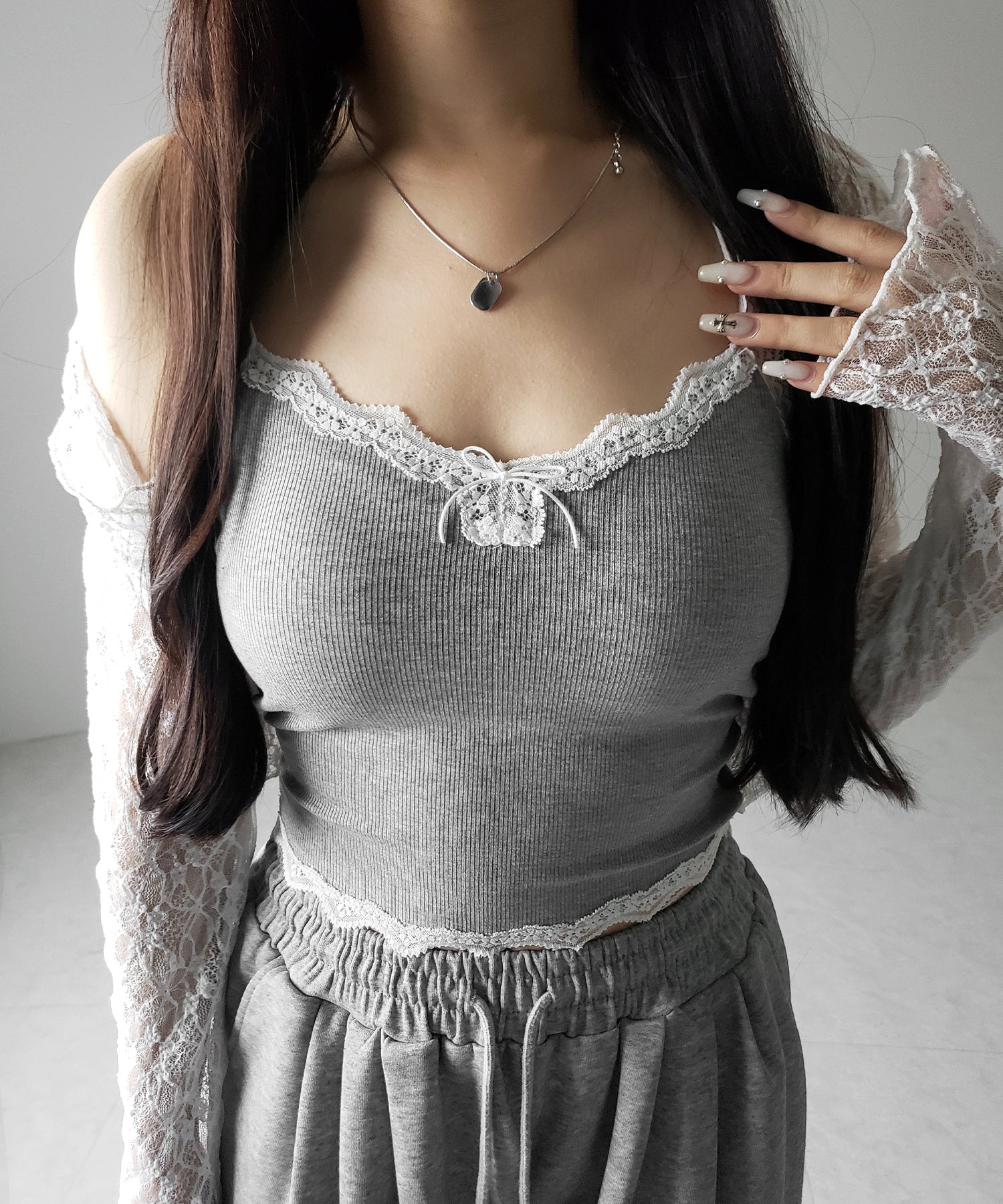 【 3color 】バイカラーレースクロップドリブキャミソール / bicolor lace cropped rib camisole