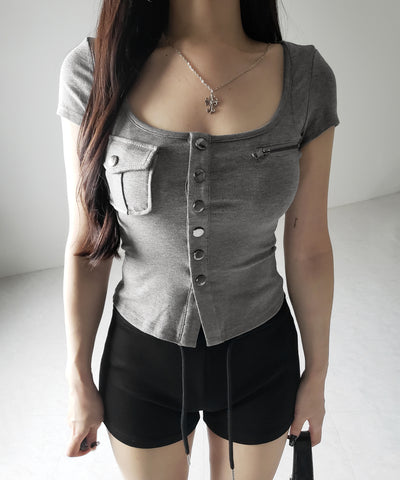 アウトポケットスクエアネックスリムTシャツ /Out pocket square neck slim T-shirt