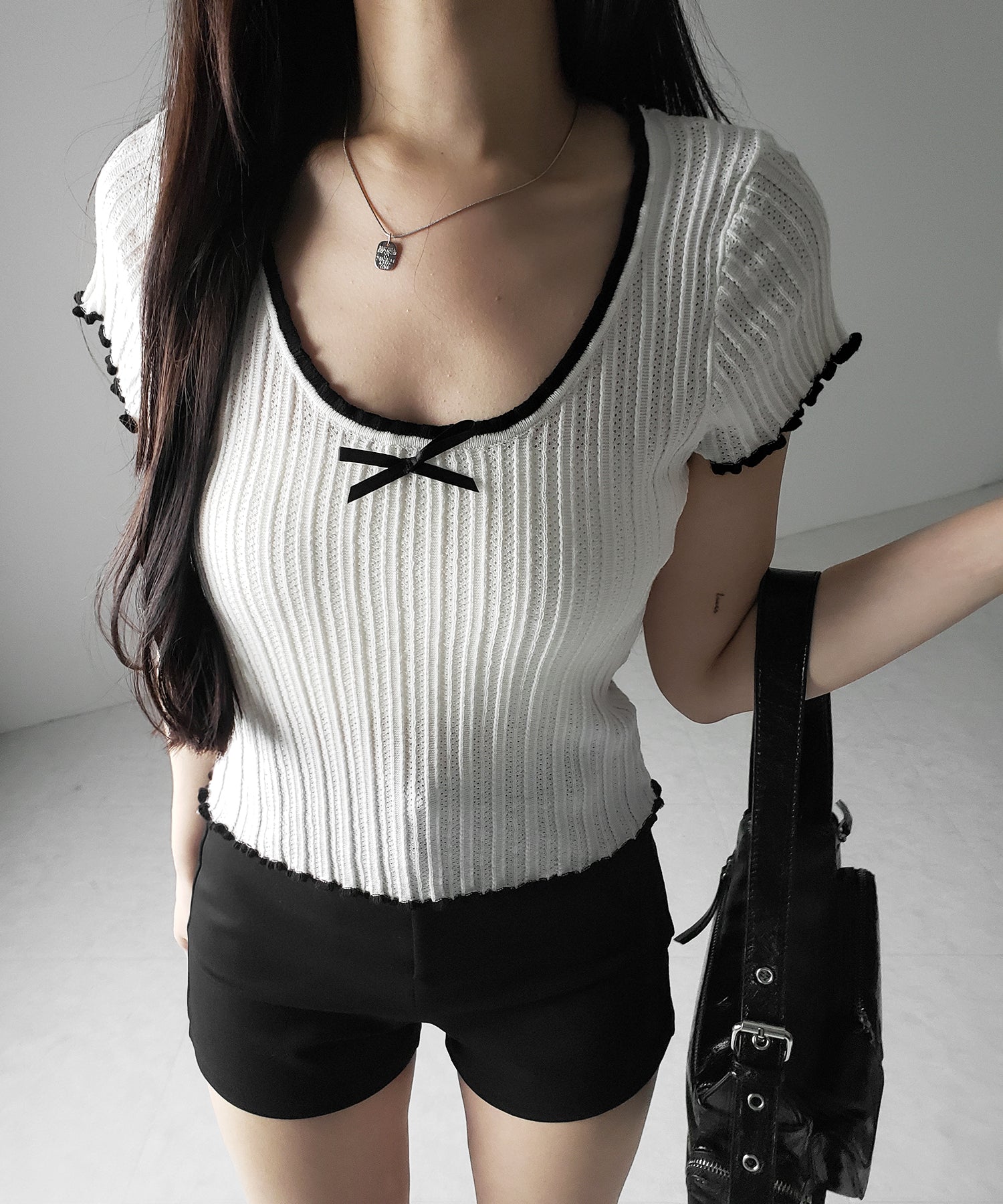 ミニリボンオープンネック半袖ニットトップス / mini ribbon open neck short sleeve knit tops