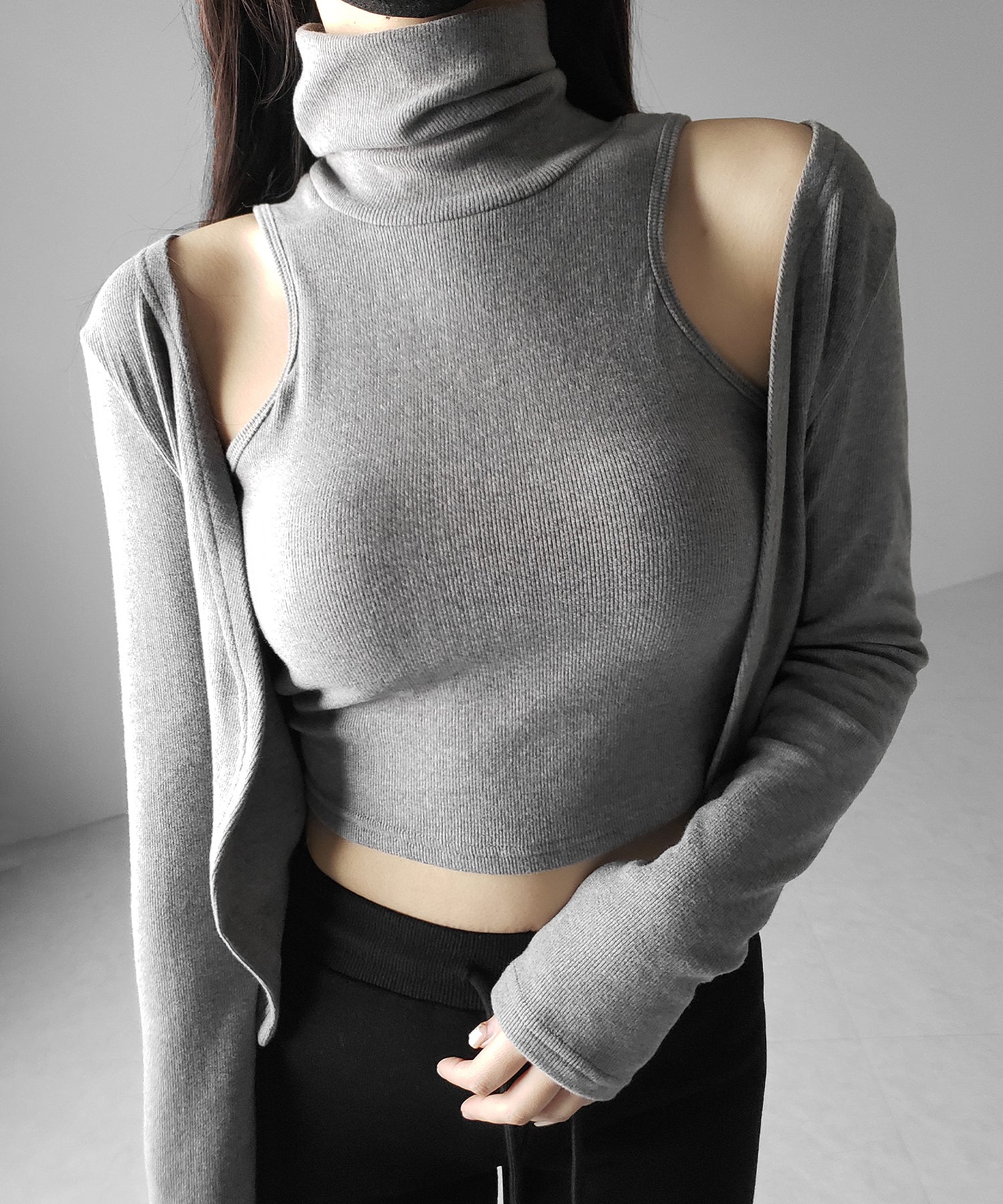 【 裏微起毛 / 2点セット 】ハイネックノースリーブトップス + ショートカーディガン SET / high neck nosleeve tops + short cardigan SET