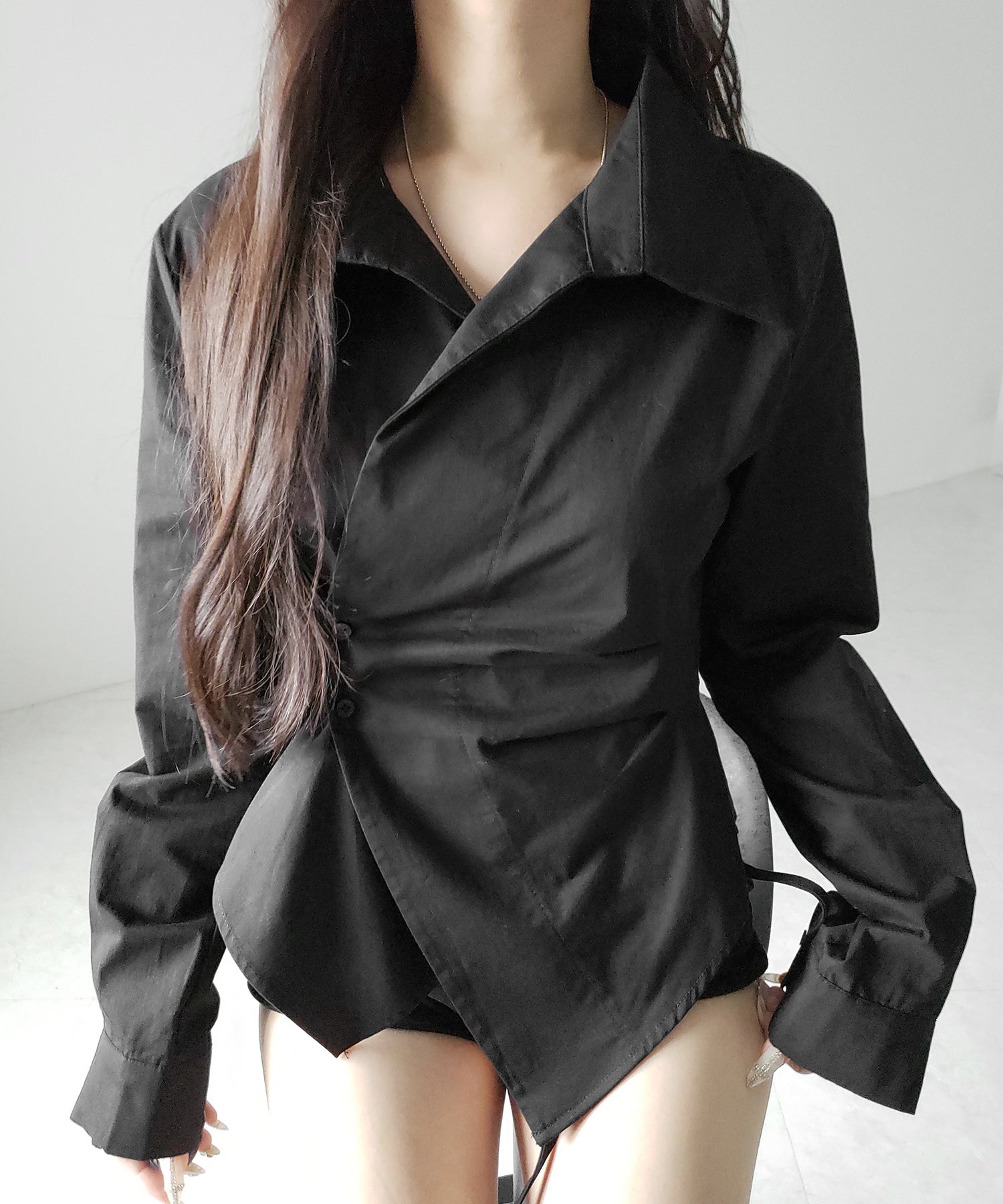 タックレイヤードアシンメトリーミディシャツ / tuck layered asymmetry midi shirts