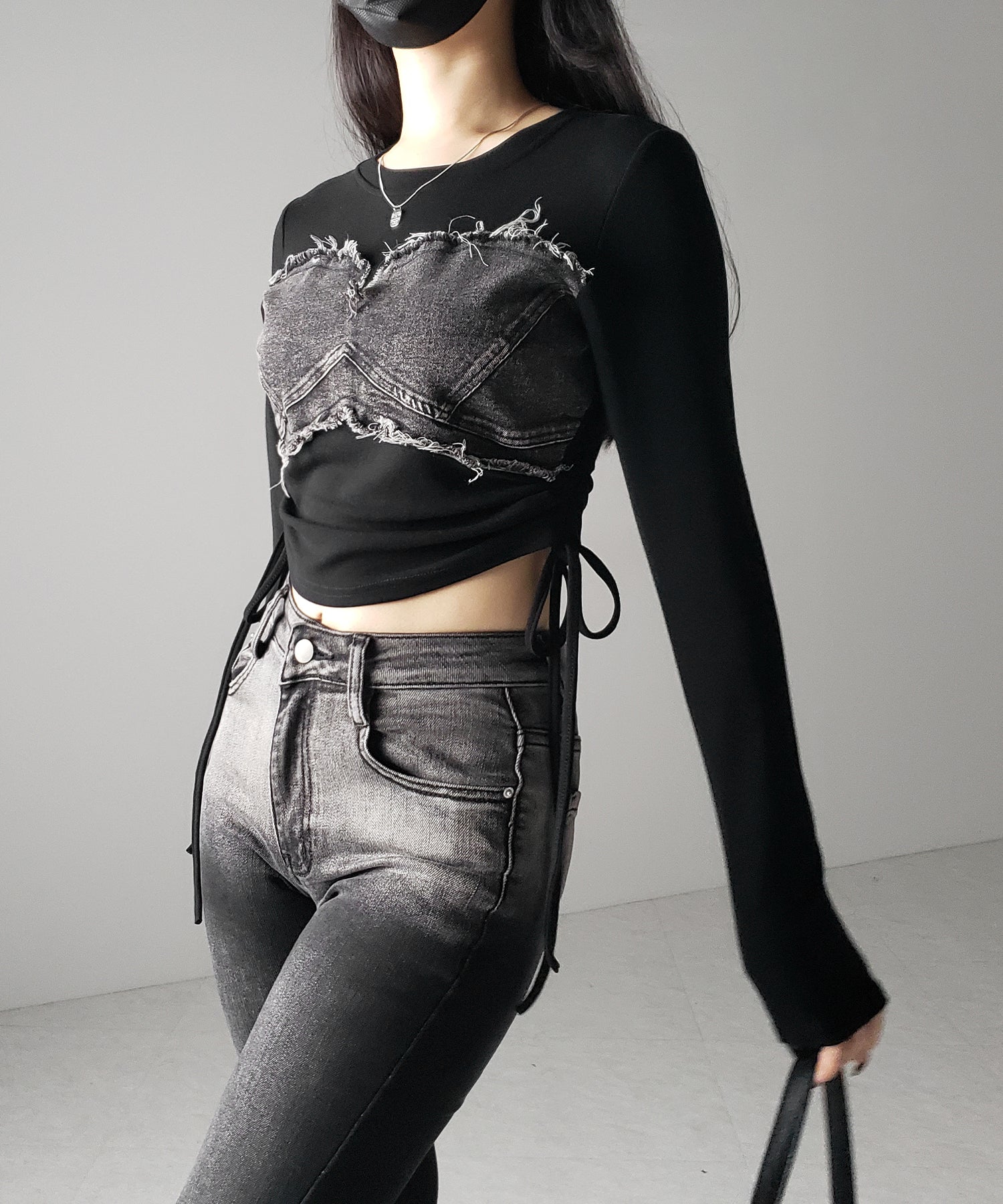 【 2color 】サイドリボンダメージデニムドッキングTシャツ / side ribbon damage denim docking Tee