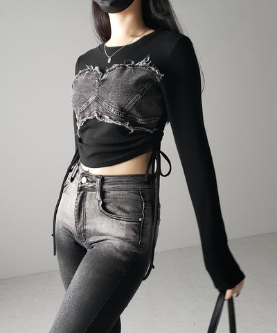 サイドリボンダメージデニムドッキングTシャツ / side ribbon damage denim docking Tee