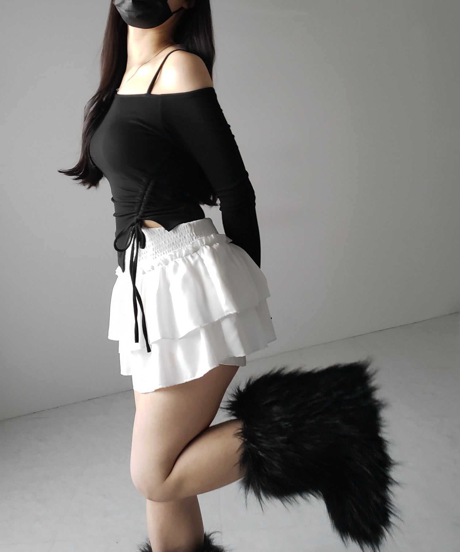 【 裏起毛 / カップ付 】サイドシャーリングリボンワンショルトップス / side shirring ribbon one shoulder tops