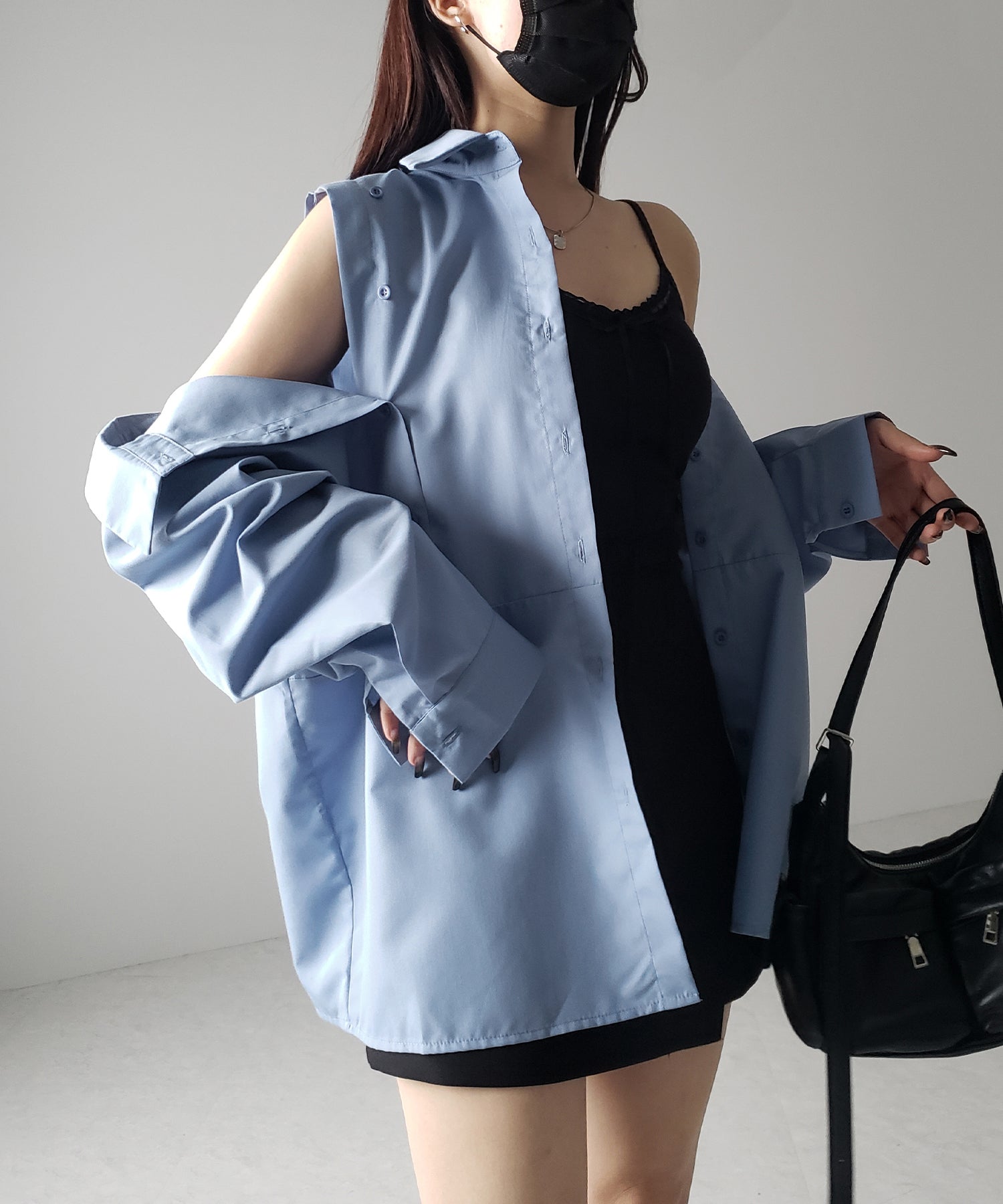 【 3color 】オープンショルダーカットアウトビッグシャツ / open shoulder cutout big shirt