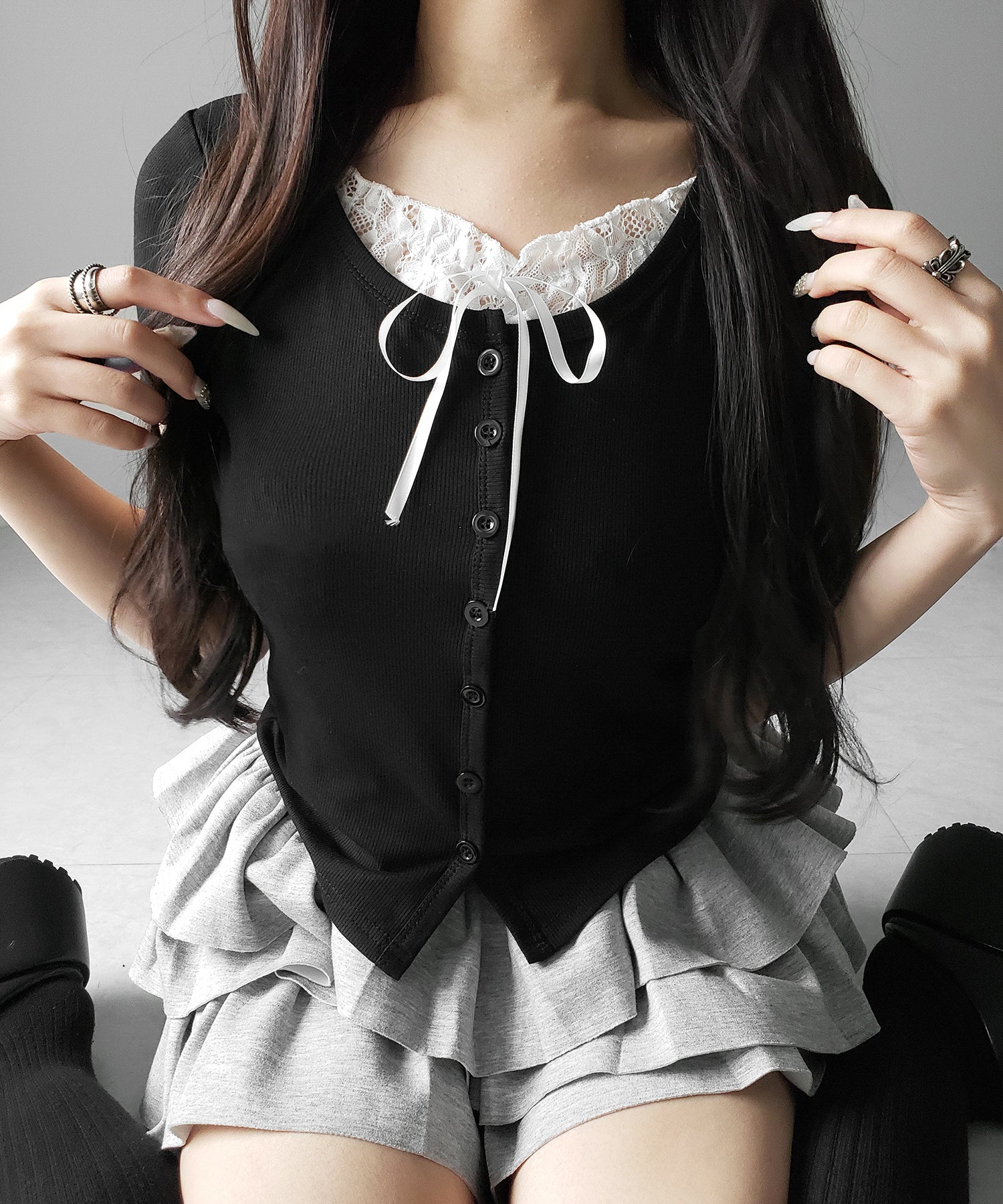 フロントリボンレースレイヤード半袖リブトップス /front ribbon lace layered short sleeve rib tops