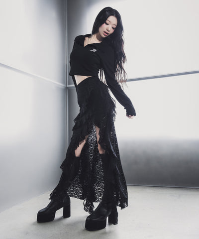 【 裏地付 】アシンメトリーフリルレーススリットロングスカート / asymmetry frill lace slit long skirt
