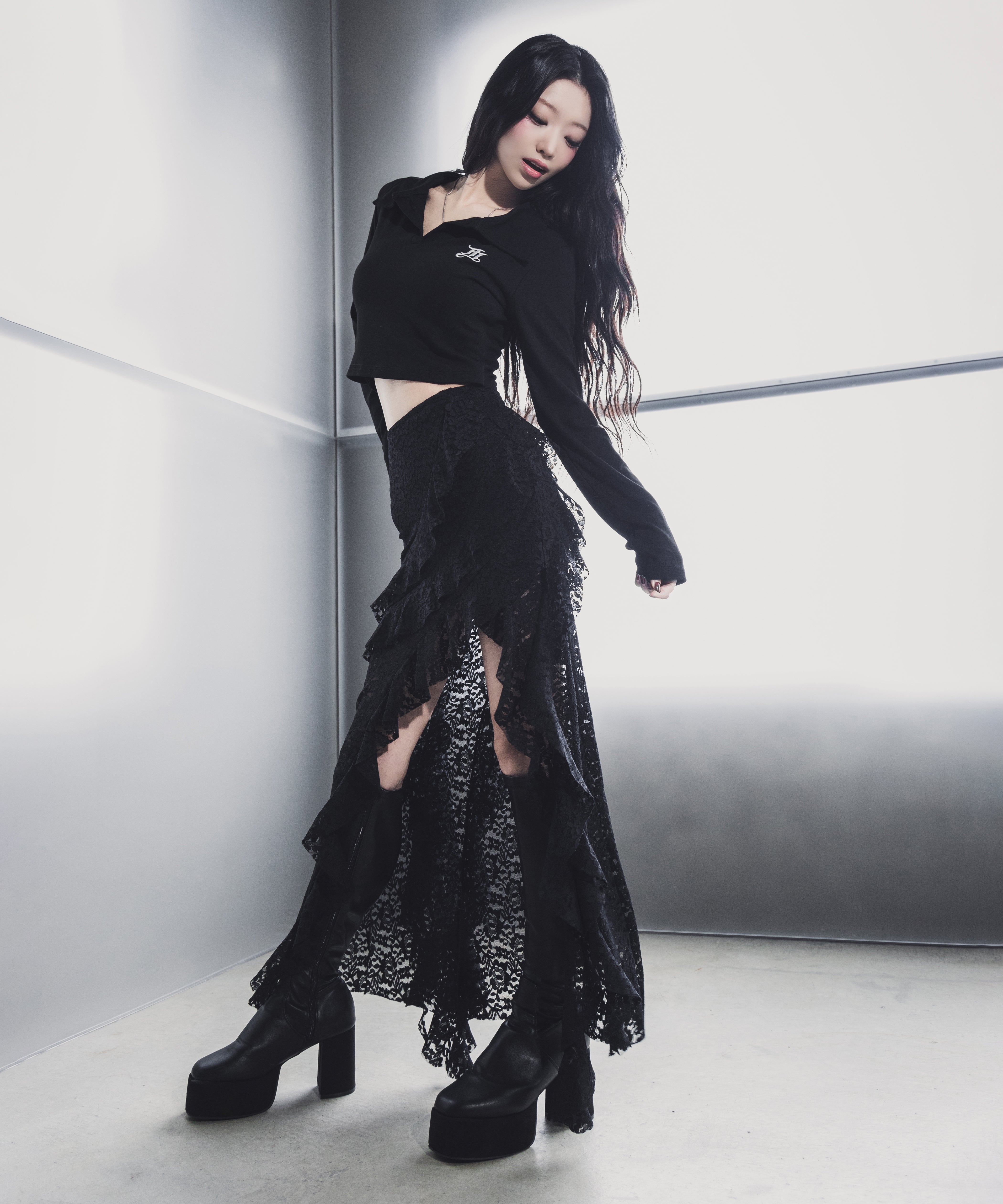 【 裏地付 】アシンメトリーフリルレーススリットロングスカート / asymmetry frill lace slit long skirt