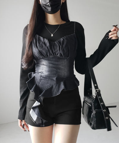 【 2点セット 】ヴィンテージデニムビスチェ & レイヤードTシャツセット / vintage denim bustier & layered T-shirts set