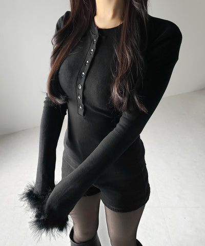 【 2color 】ファースリーブヘンリーネックリブトップス / fur sleeve henley neck lib tops