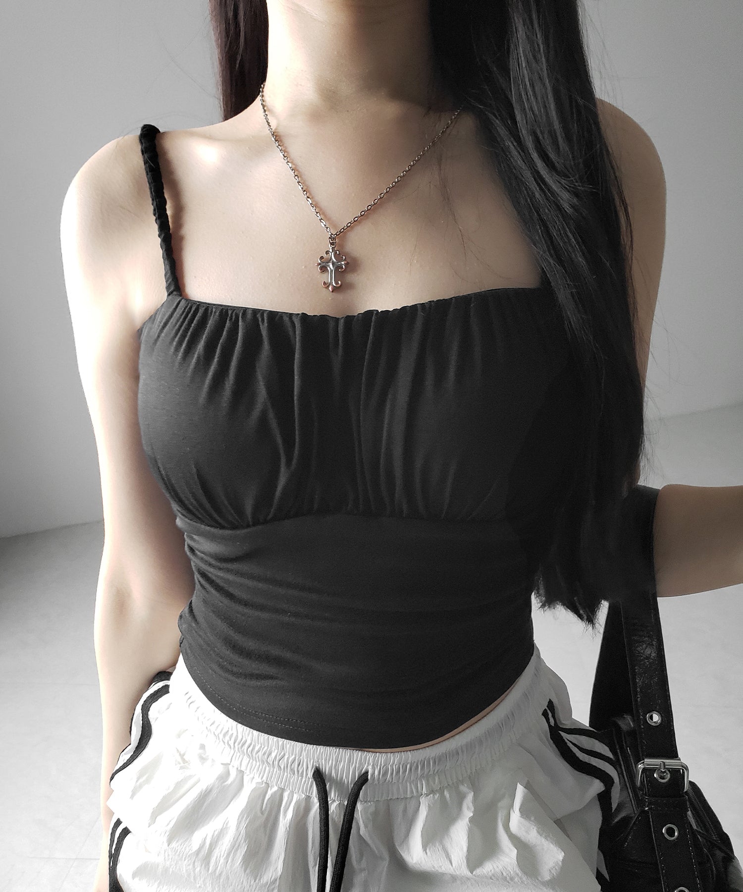 【 3color / カップ付き 】シャーリングギャザードレープキャミソール /shirring gather drape camisole