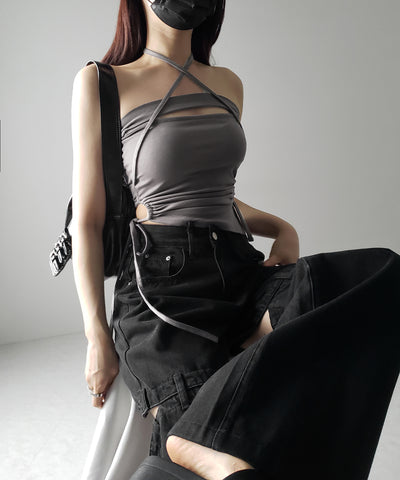 【 カップ付き / 2WAY 】クロスストラップリボンカットアウトショートキャミソール / cross strap ribbon cutout short camisole