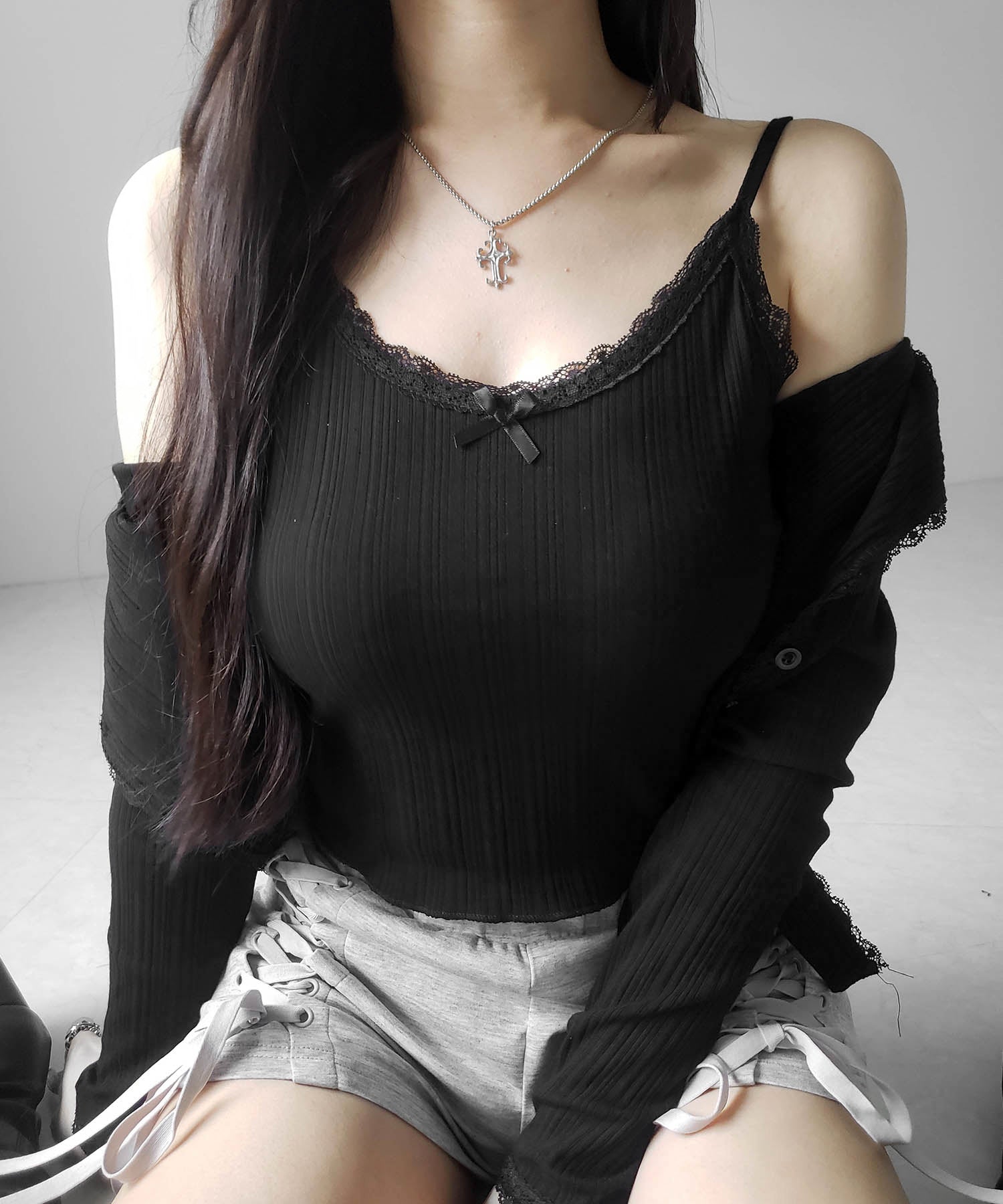 【 2点セット 】フロントリボンレース切替リブキャミソール + カーディガンセット /front ribbon lace lib camisole + cardigan SET