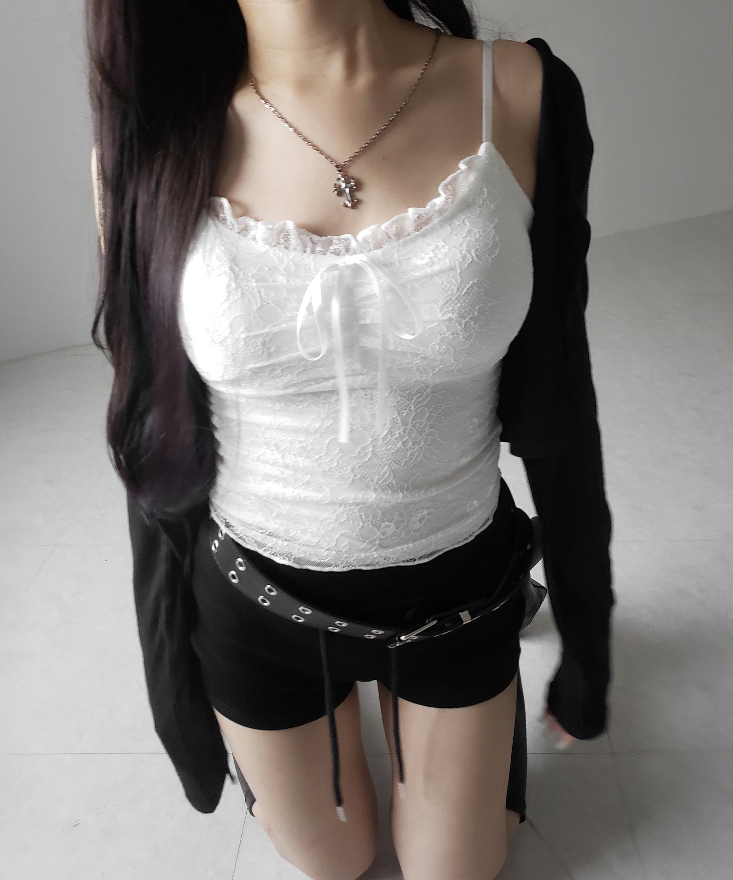 【 2color 】フロントリボンレースレイヤードキャミソール / front ribbon lace layered camisole