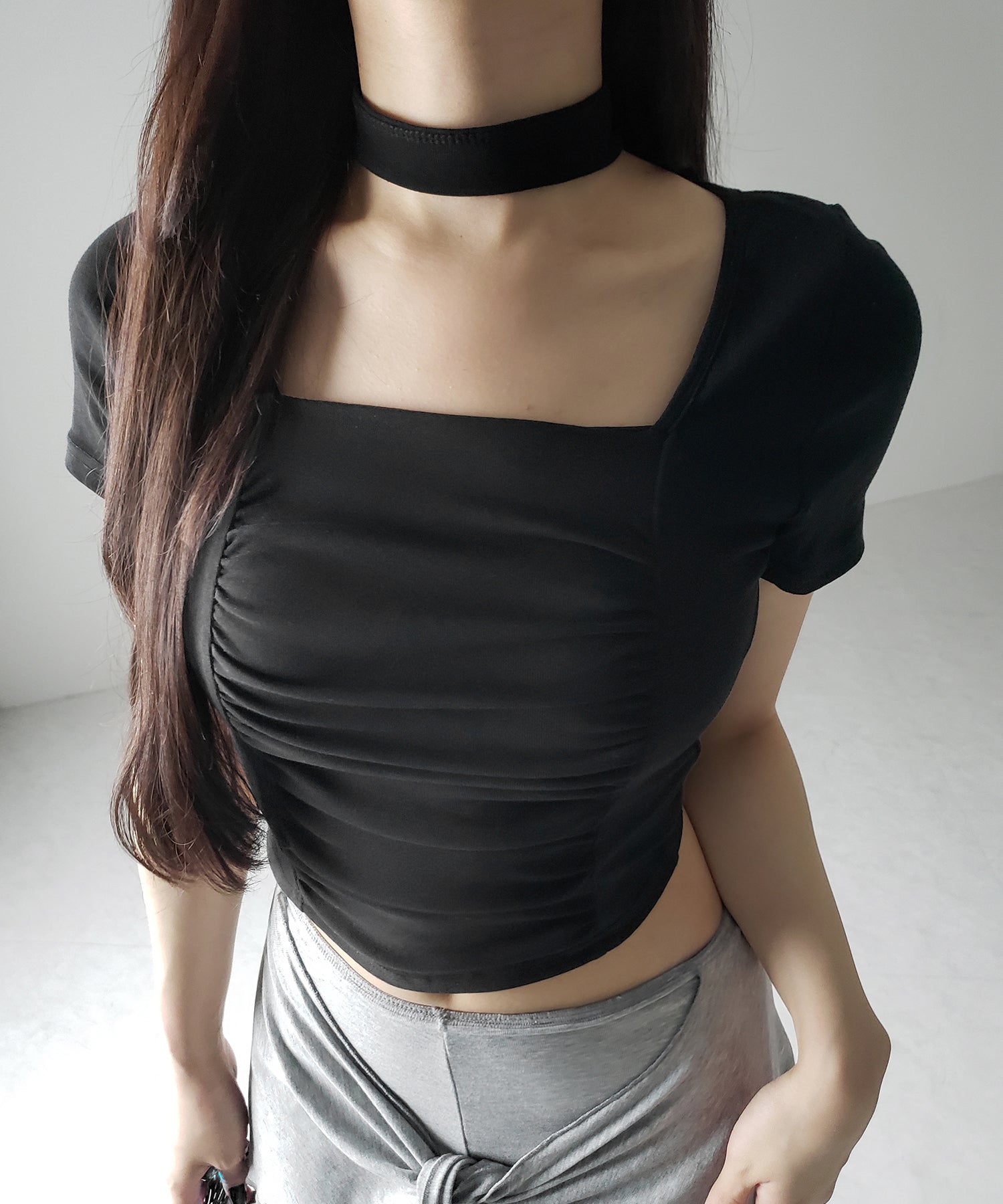 【 2WAY 】チョーカーロングタイ付き スクエアネックギャザースリムTシャツ / choker long tie SET square neck gather slim sleeve T-shirt
