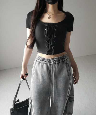 レースアップフロントリボン半袖ショートTシャツ / lace up front ribbon short sleeve short slim T-shirt