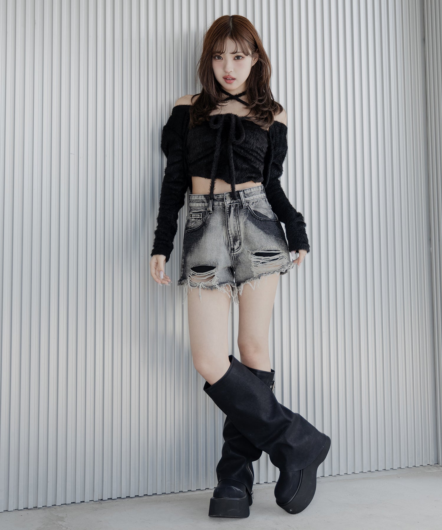 【 2点セット 】シャギーリボンベアトップス & ショートシャギーカーディガン SET / Shaggy ribbon bare tops & short shaggy cardigan