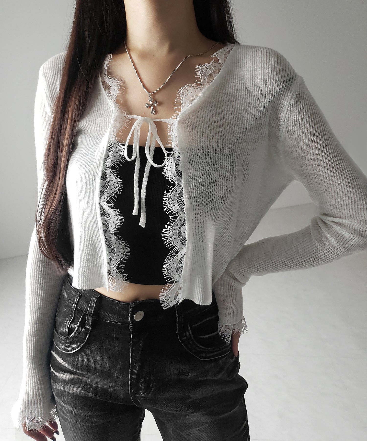 レースドッキングフロントリボンシアーニットカーディガン / lace docking front ribbon sheer knit cardigan