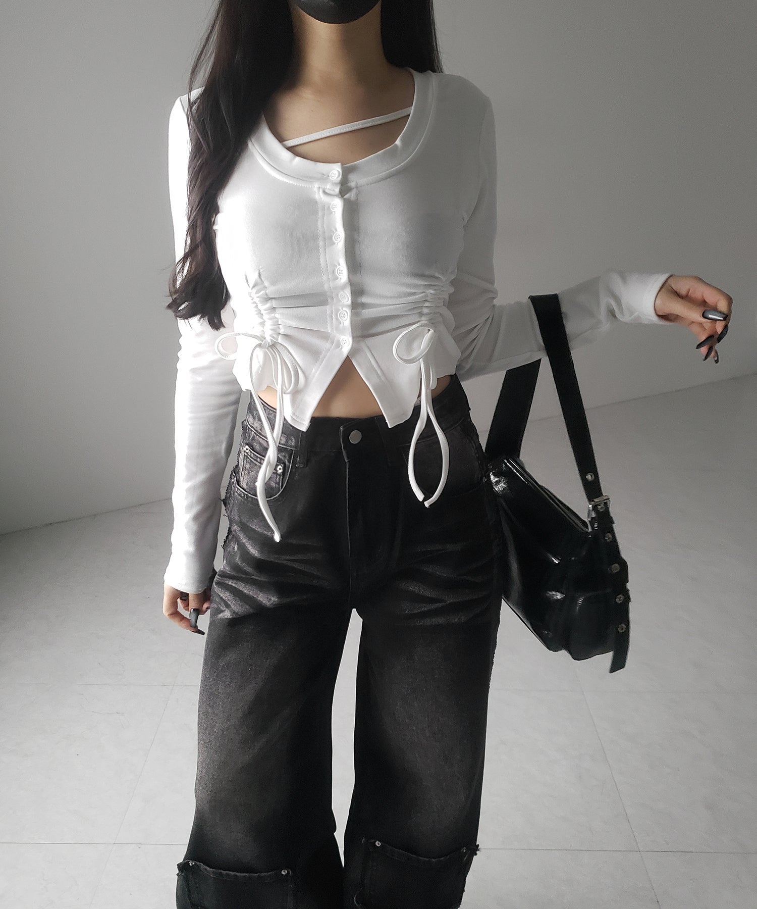 【 2color / 裏起毛 】ナナメストラップダブルシャーリングリボントップス / naname strap double shirring ribbon tops