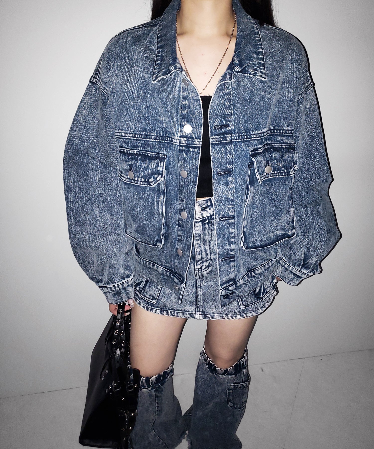 【 デニムセットアップ着用可能 】ヴィンテージケミカルブリーチアウトポケットクロップドデニムジャケット/ vintage chemical bleach outpocket cropped denim jacket