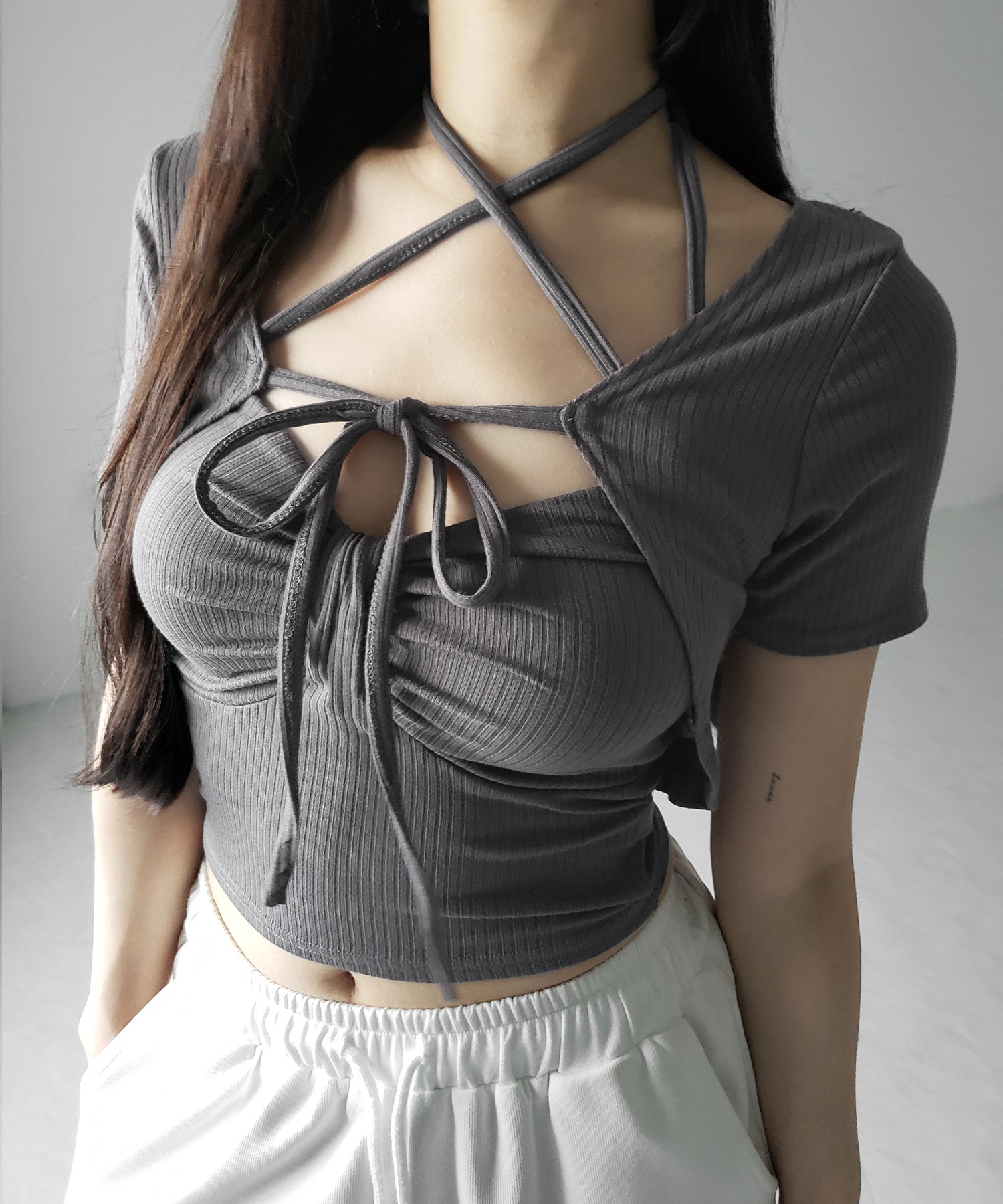 【 2点セット 】 2WAYストラップリブキャミソール + フロントリボンショートカーディガン SET / 2WAY strap lib camisole + front ribbon short cardigan