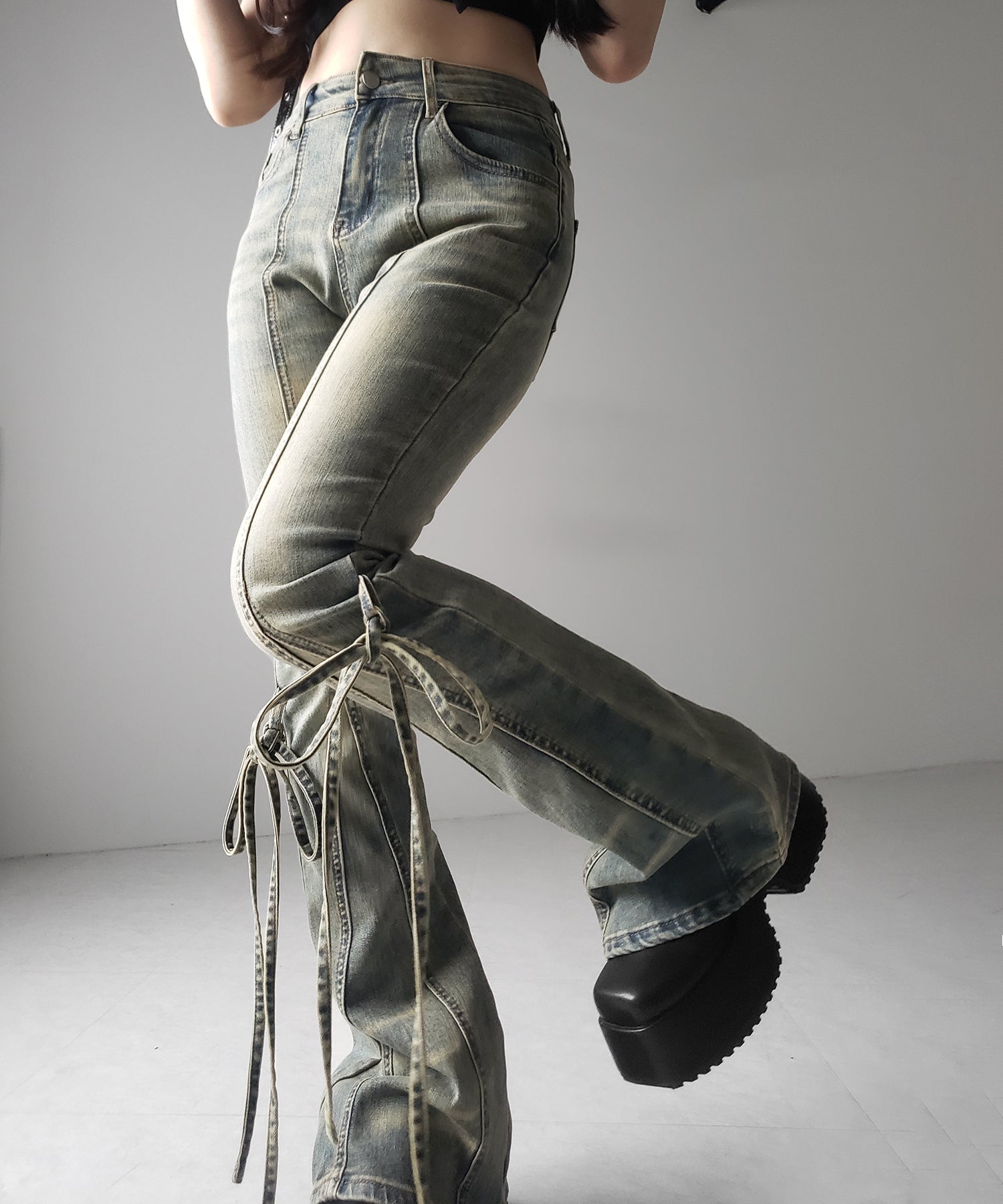 【 2color / 4size 】ストラップリボンヴィンテージストレッチフレアデニム / strap ribbon vintage stretch flare denim