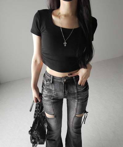 スクエアネックショートスリム半袖Tシャツ / square neck short slim sleeve T-shirt