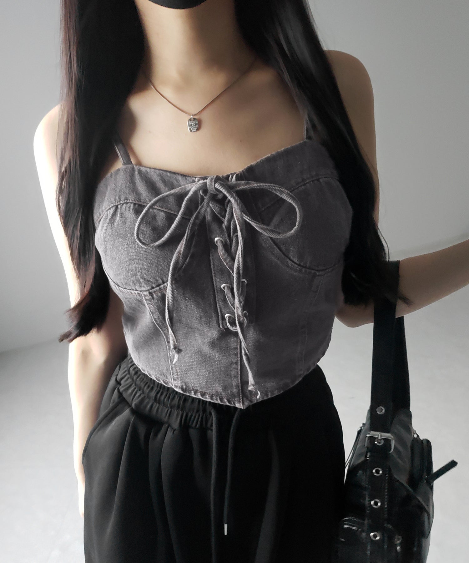 【 2color 】レースアップリボンコルセットデニムビスチェ / lace up ribbon corset denim bustier