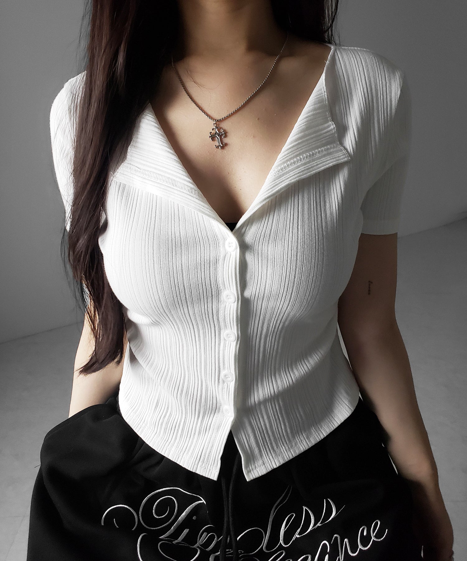 フロントボタン半袖リブカーデトップス / front button short sleeve lib cardigan tops