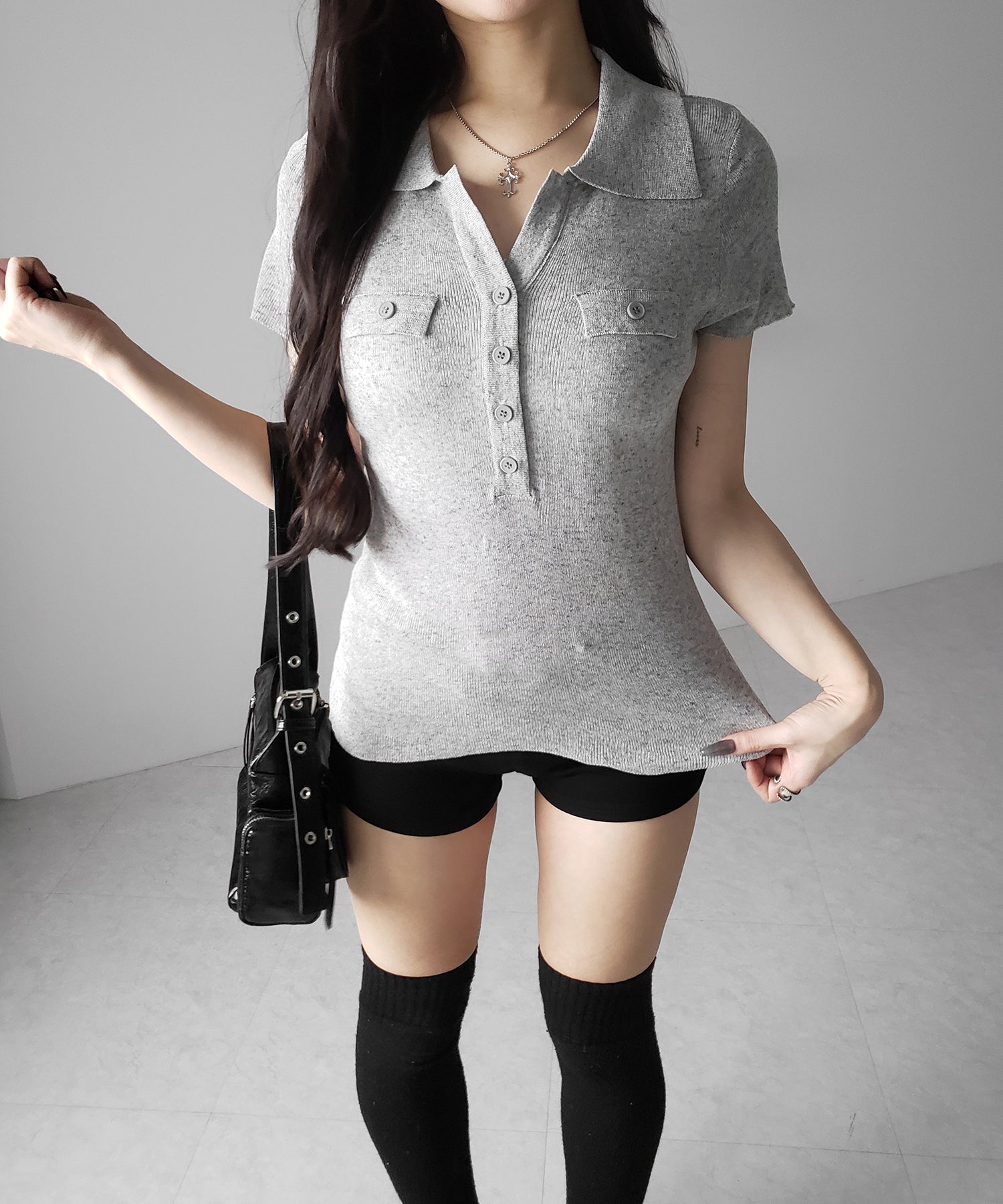 スキッパーボタンロングシアーニットトップス / skipper button long sheer knit tops