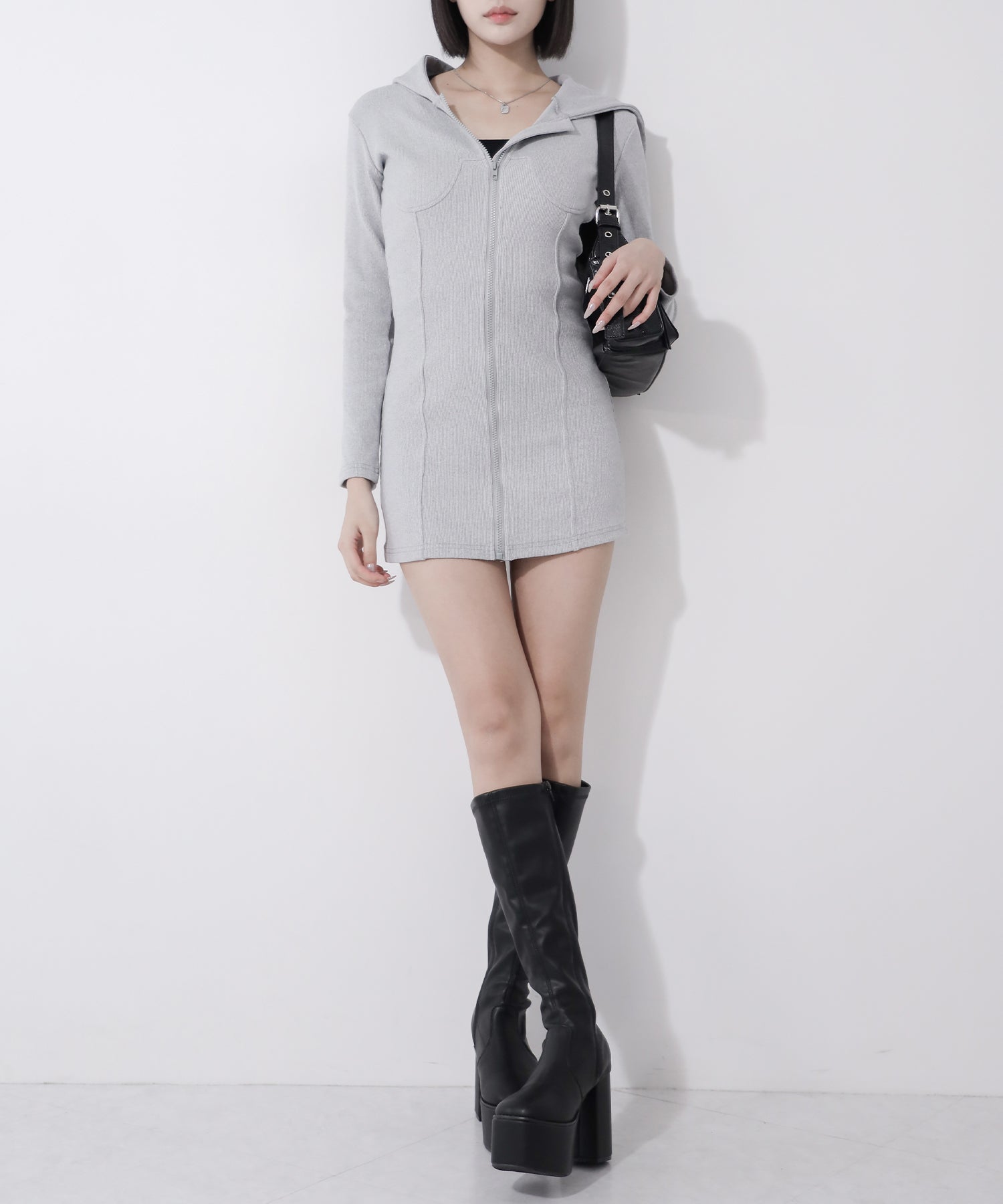 フーディジップアップスリムラインミニワンピース / Hoodie zip up slimline mini onepiece